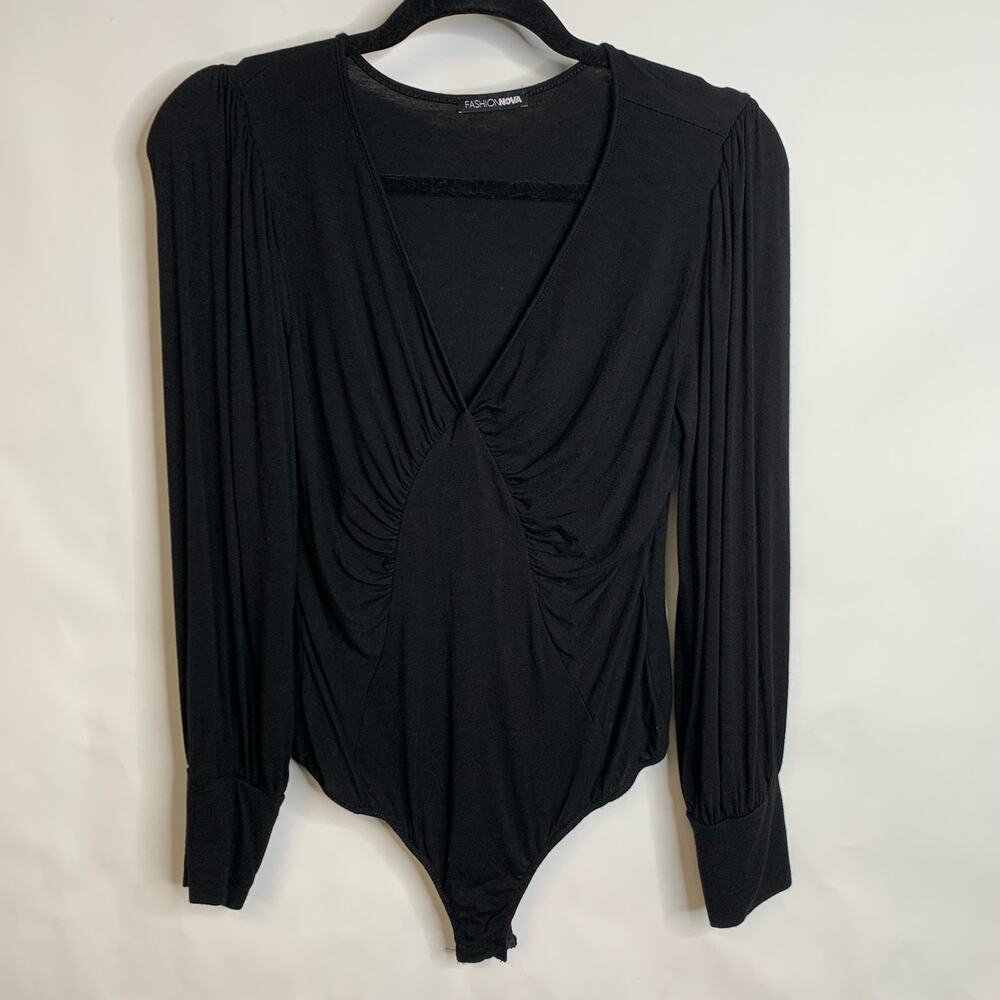 Fashion Nova Black V Neck Gathered Body Suit Sz Large